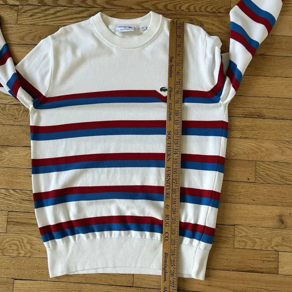 Lacoste AH6788 Made in France Striped Organic Cotton Sweater M White Red Blue